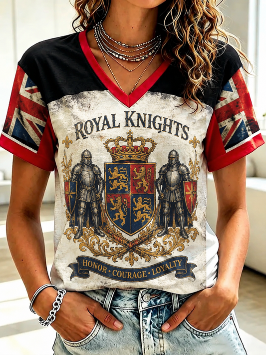 Women's British Knight Royal Arms Printed V-neck T-Shirt