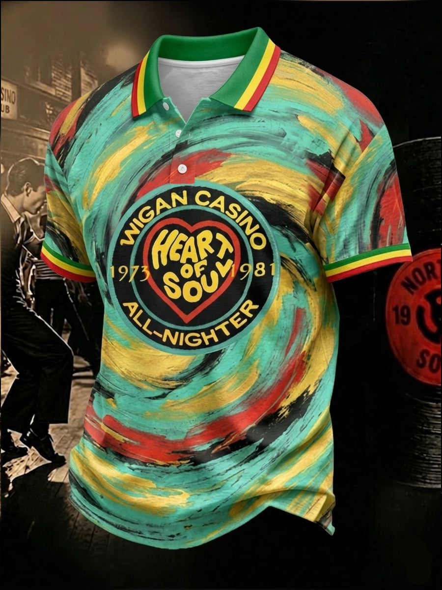 Men's Retro Northern Soul All-Nighter Print Casual Polo