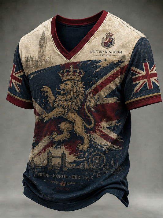 Men's British Lion Printed V-neck T-shirt