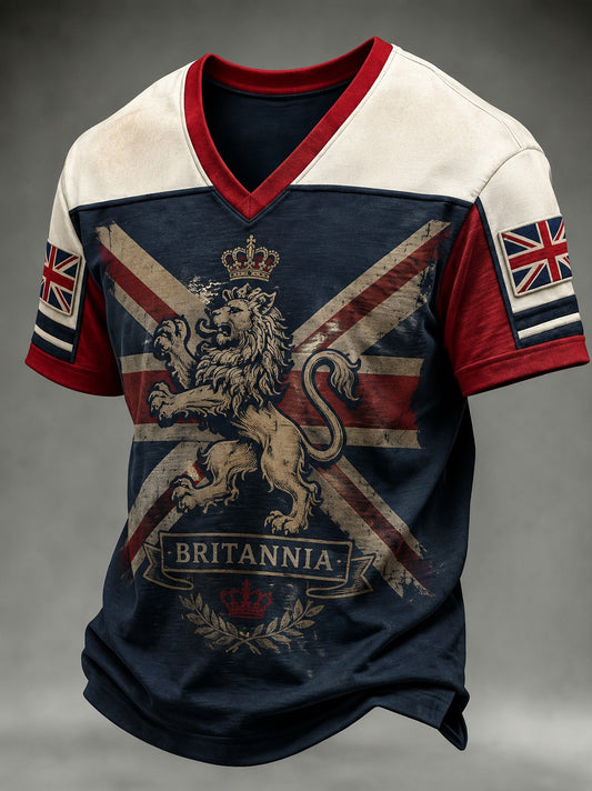 Men's British Lion Printed V-neck T-shirt
