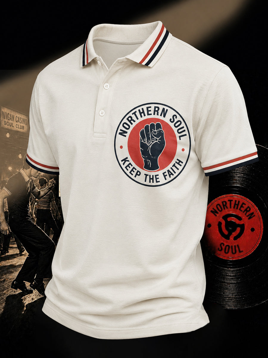 Men's Retro Northern Soul Keep The Faith Print Casual Polo