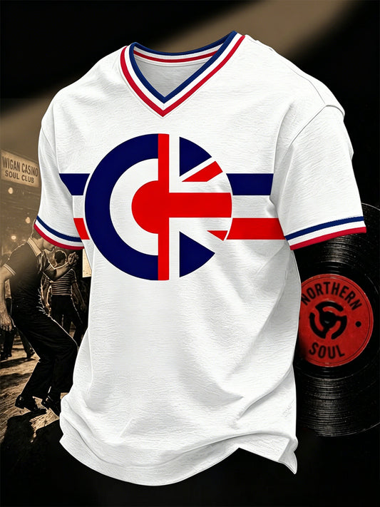 Men's  Retro Northern Soul Print V-neck Tee