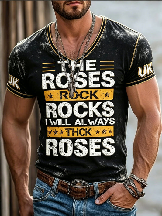 Men's Black Retro The Stone Rose Print Casual V-neck T-shirt