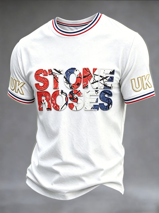 Men's White Stone Rose Print Casual T-shirt