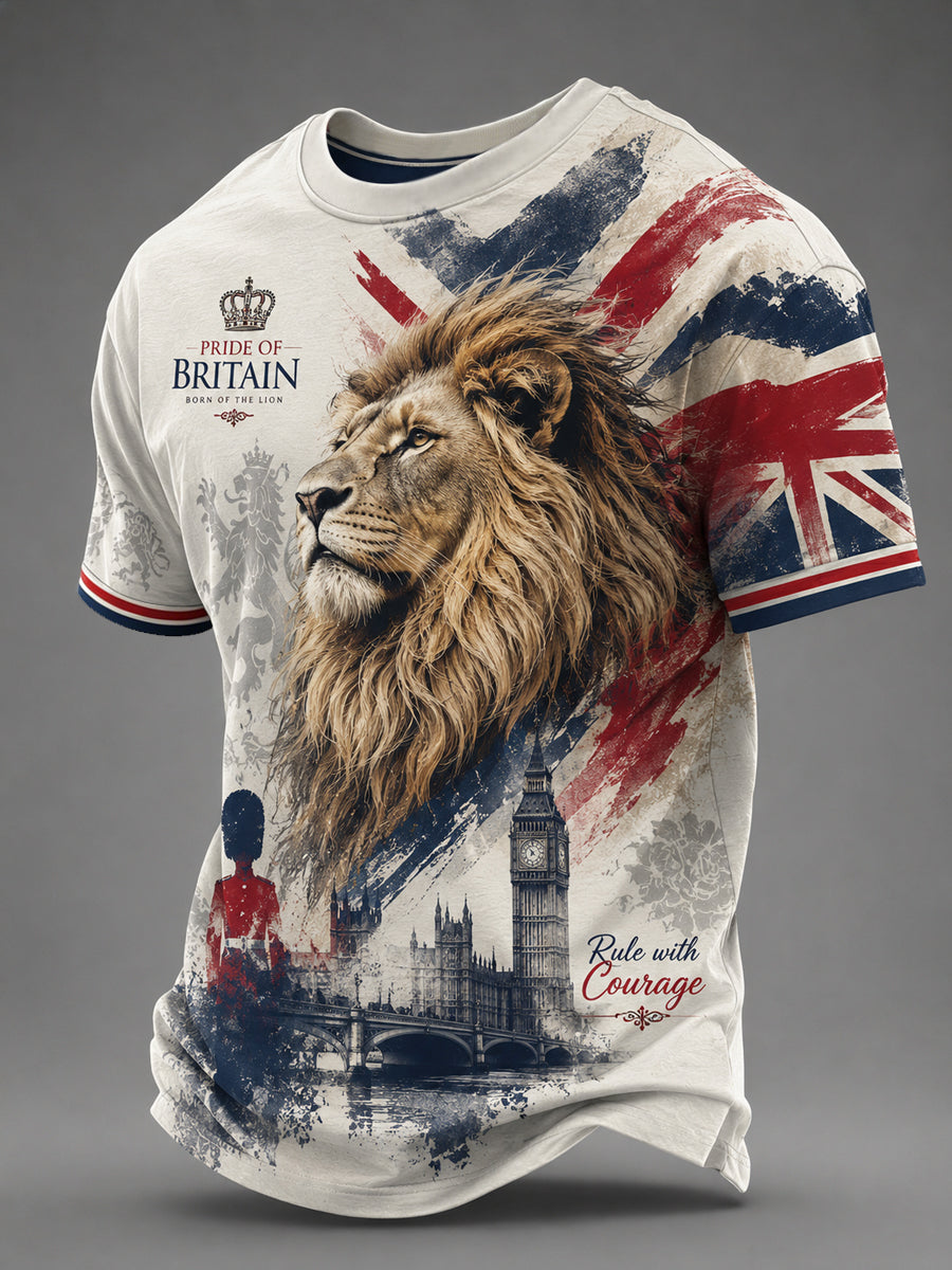 Men's Pride Of Britain UK Flag Lion Print Casual Tee