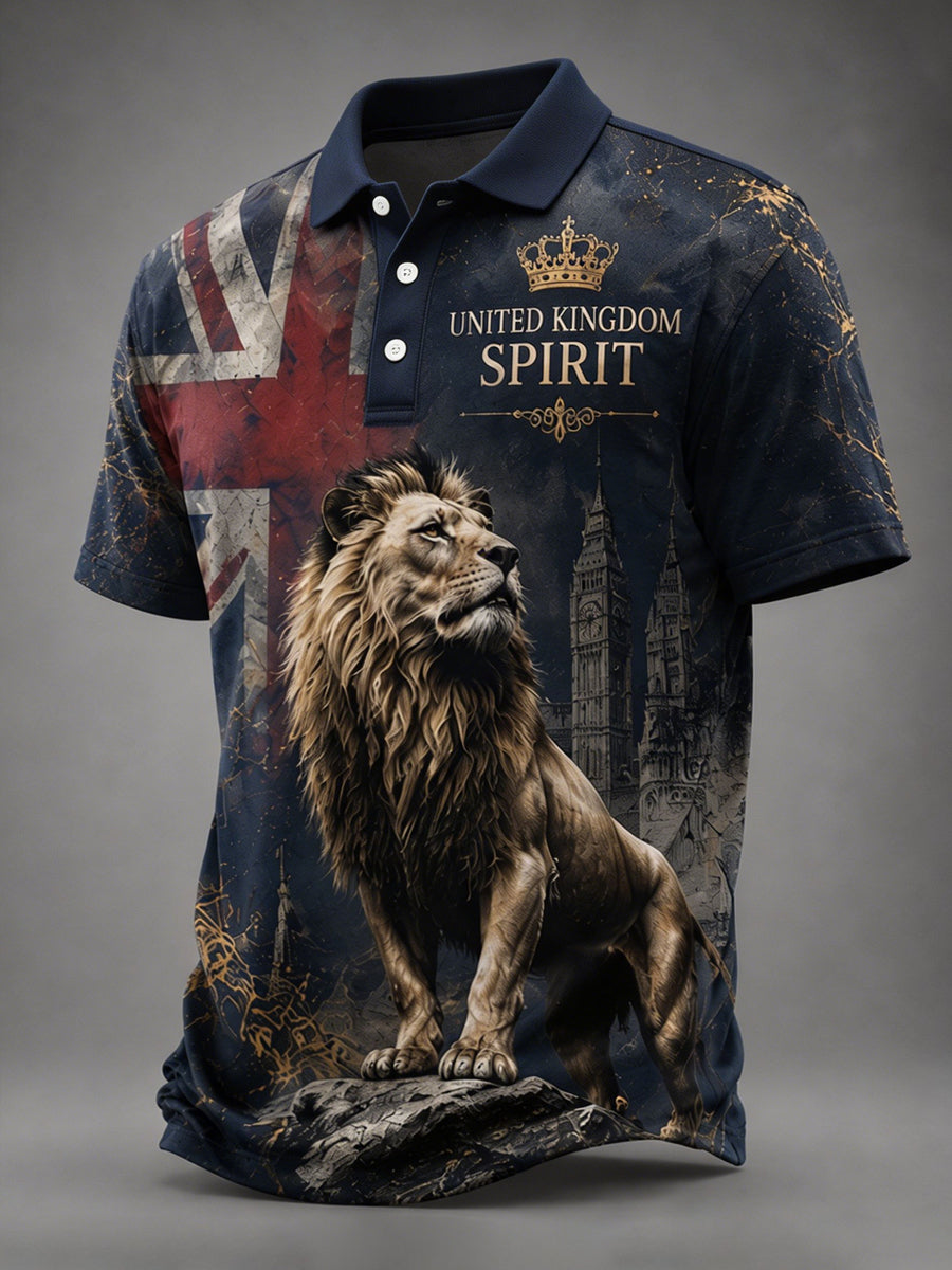 Men's Pride Of Britain UK Flag Lion Print Casual Polo