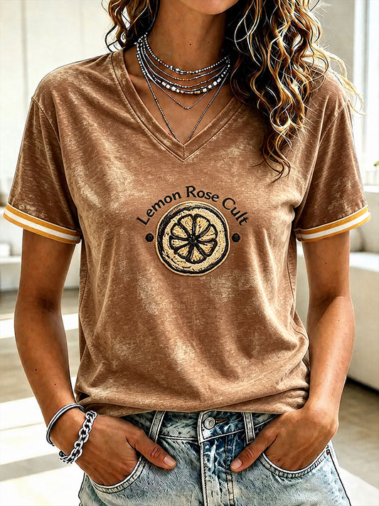 Women’s Brown Vintage The The Stone Rose Print V-neck Casual T-shirt