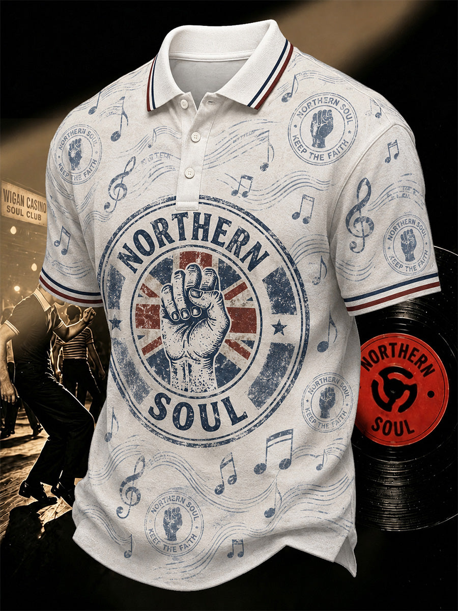 Men's Retro Northern Soul Print Casual Polo