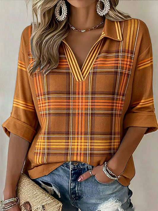 Women’s The Stone Rose Vintage Check Print Casual V-neck T-shirt