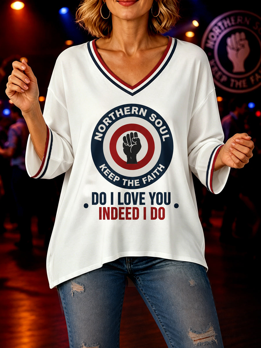 Women's Retro Northern Soul Do I Love You Indeed I Do Print Casual Mid-length Sleeves V-Neck T-Shirt