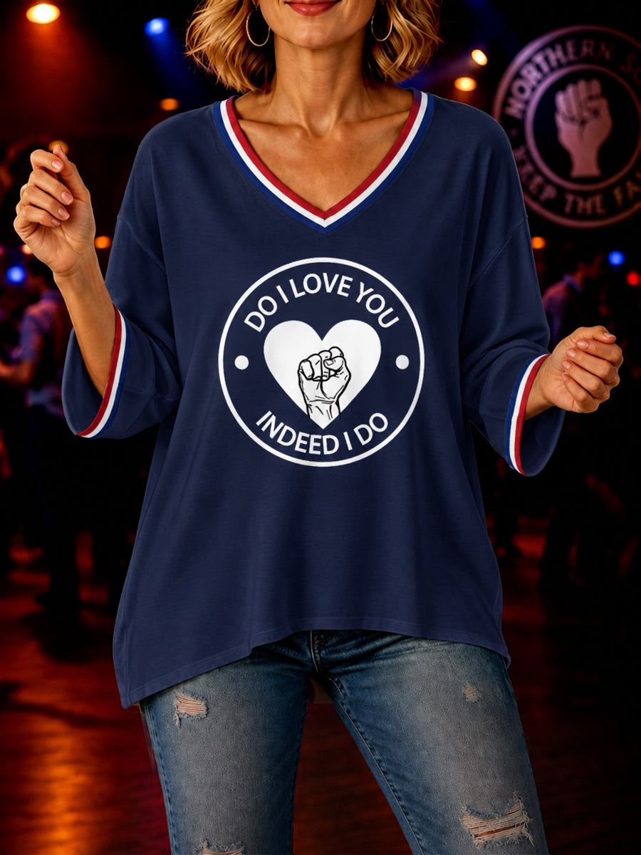 Women's Retro Northern Soul Do I Love You Indeed I Do Print Casual Mid-length Sleeves V-Neck T-Shirt