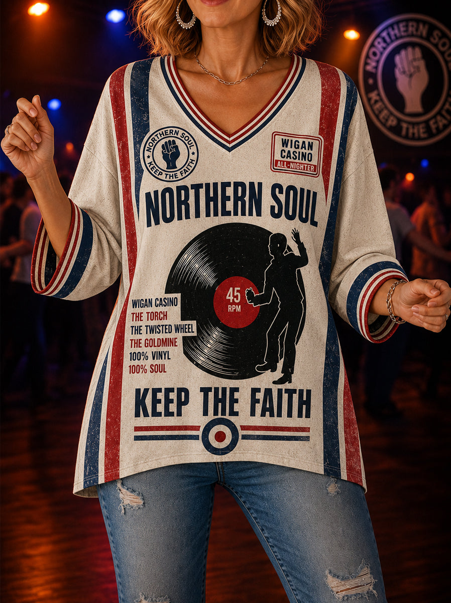 Women's Retro Northern Soul Keep The Faith Print Casual Mid-length Sleeves V-Neck T-Shirt