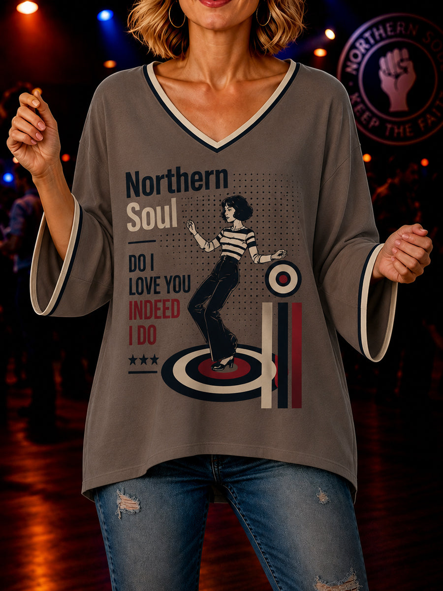 Women's Retro Northern Soul Do I Love You Indeed I Do Print Casual Mid-length Sleeves V-Neck T-Shirt