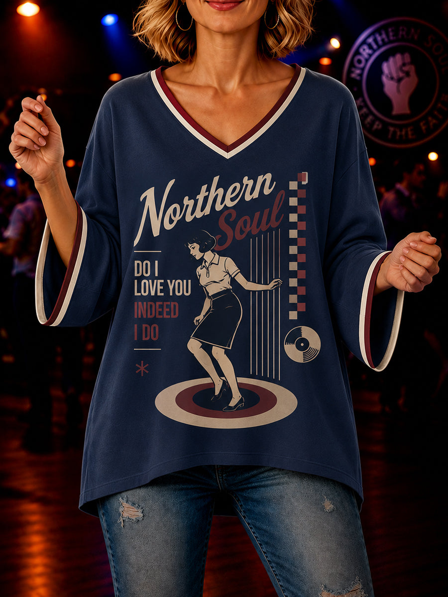 Women's Retro Northern Soul Do I Love You Indeed I Do Print Casual Mid-length Sleeves V-Neck T-Shirt