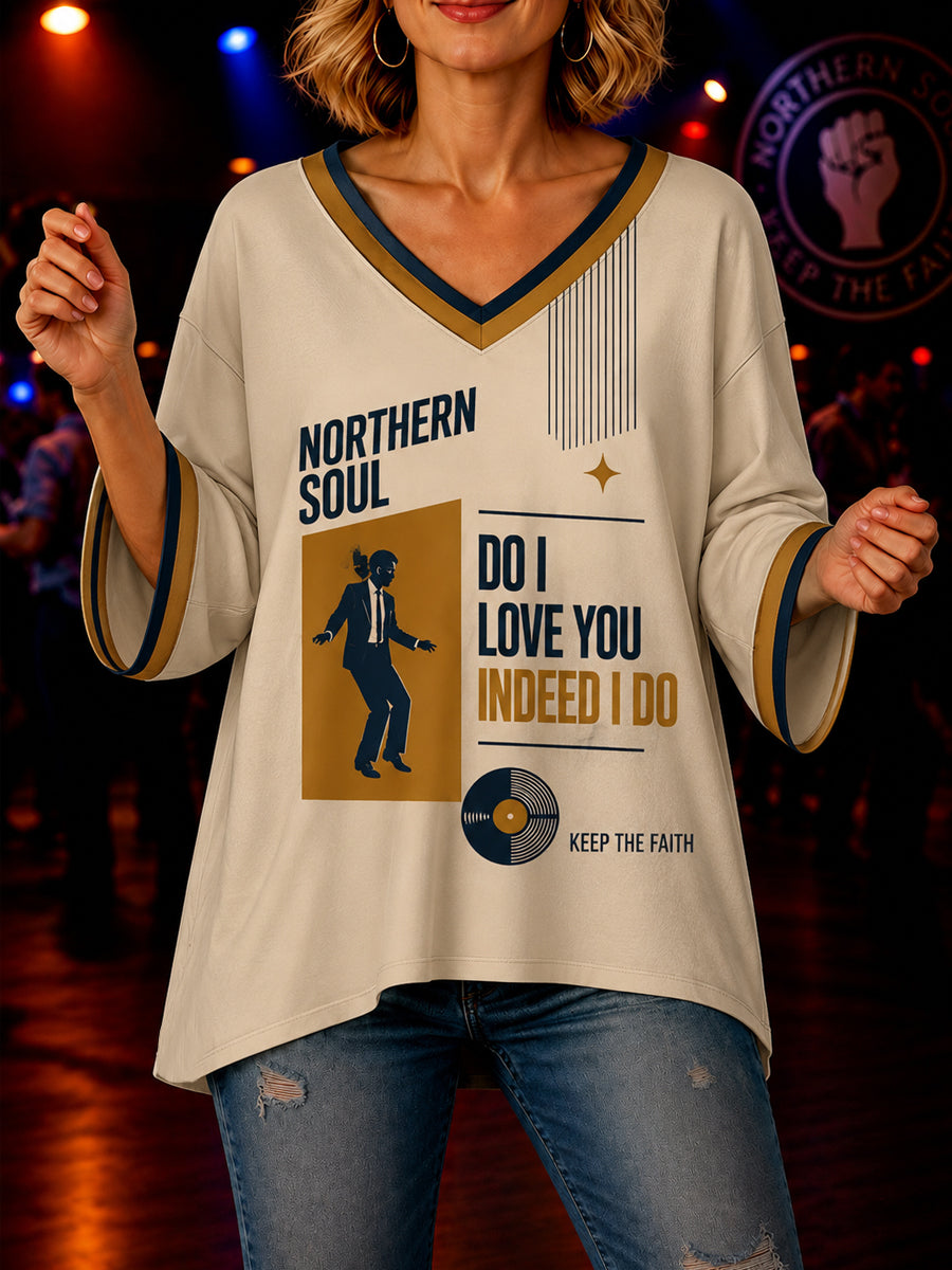 Women's Retro Northern Soul Do I Love You Indeed I Do Print Casual Mid-length Sleeves V-Neck T-Shirt