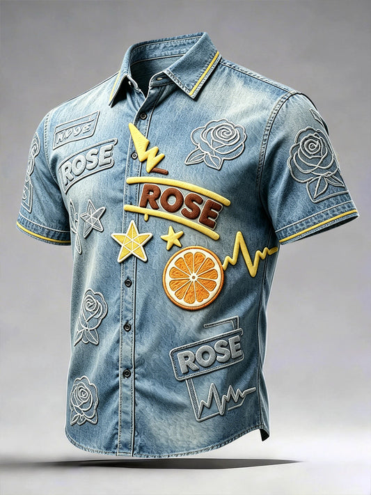 Men's Blue England The Stone Rose Denim-Effect Print Casual Short-Sleeved Shirt