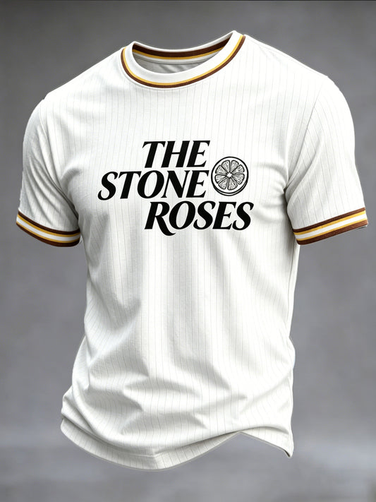 Men's White The Stone Rose Vintage Striped Print Casual T-shirt