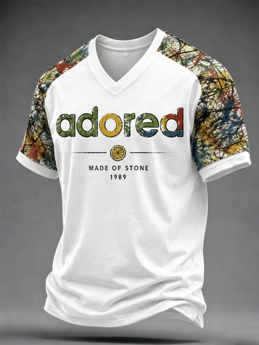 Men's Lemon Roses Music Lover Printed V-neck T-shirt