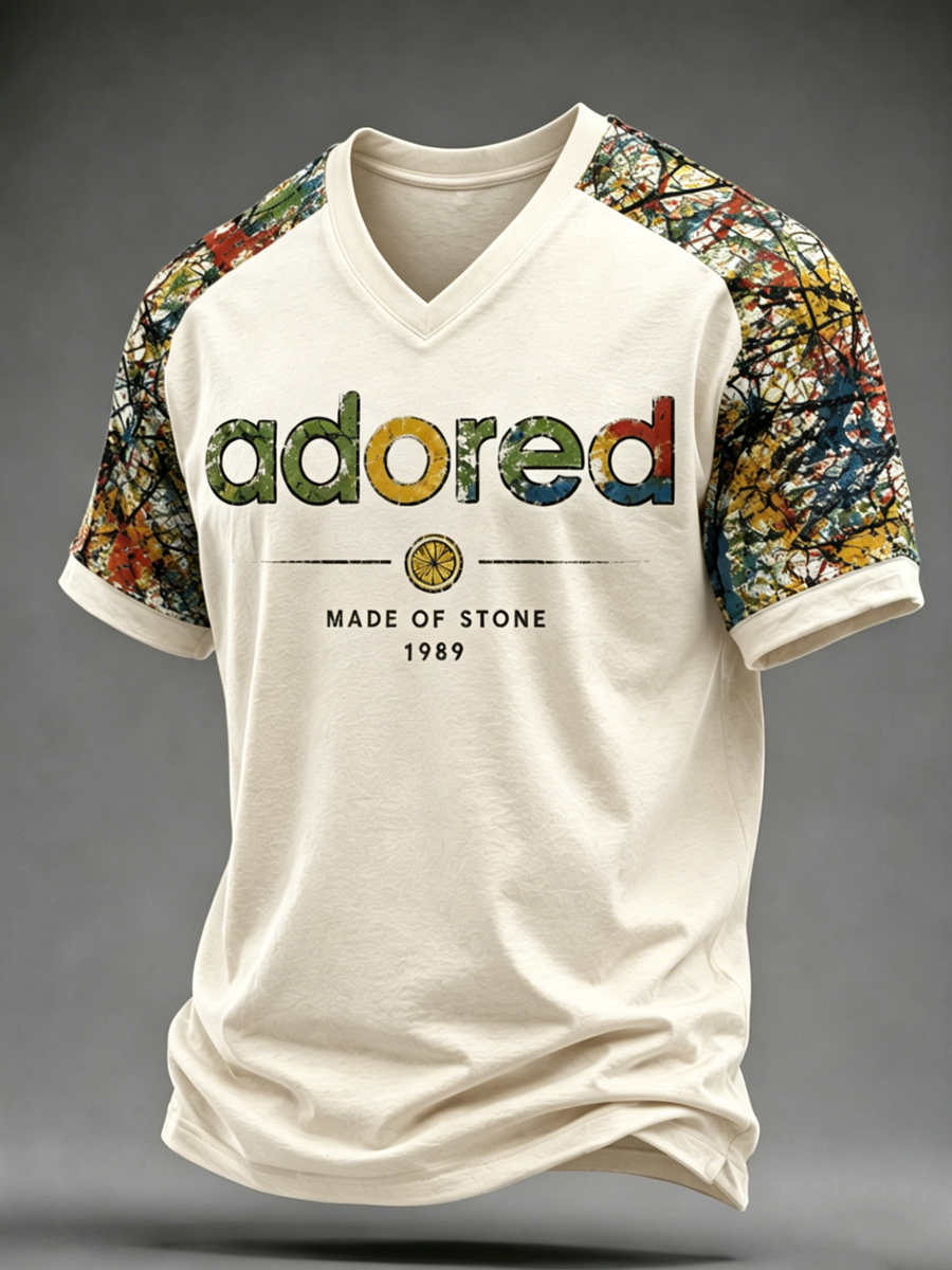 Men's Lemon Roses Music Lover Printed V-neck T-shirt
