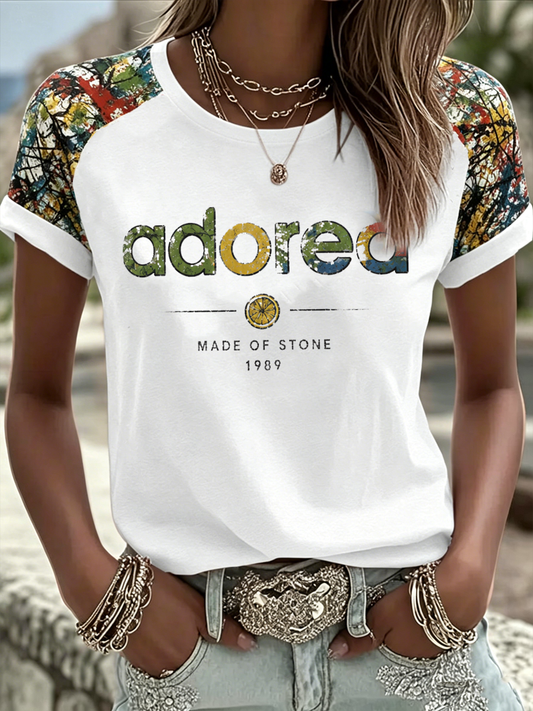 Women's Lemon Roses Music Lover Printed round neck short sleeve T-shirt