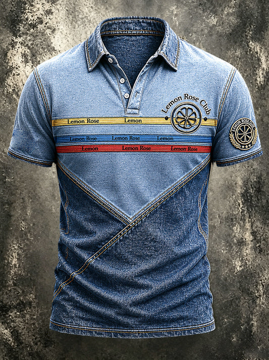 Men's The Stone Rose Denim-Effect Patchwork Print Casual Polo Shirt