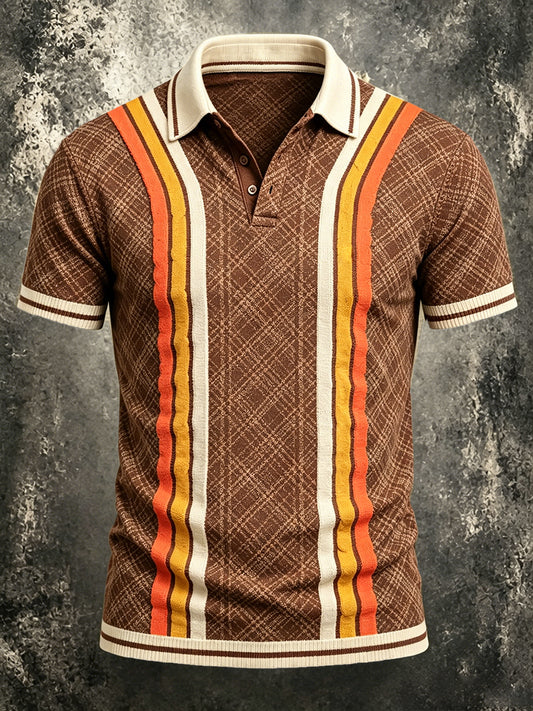 Men's The Stone Rose Classic Striped Patchwork Print Casual Polo Shirt