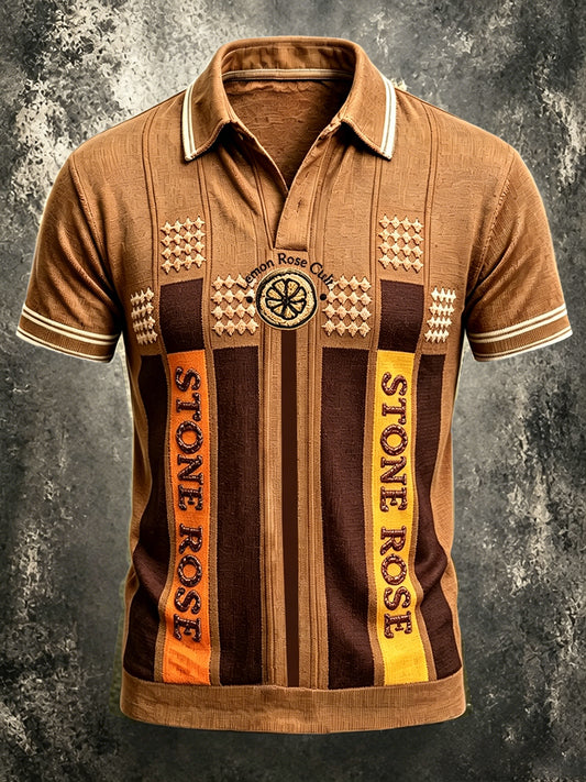 Men's The Stone Rose Classic Striped Vintage Print Casual Polo Shirt
