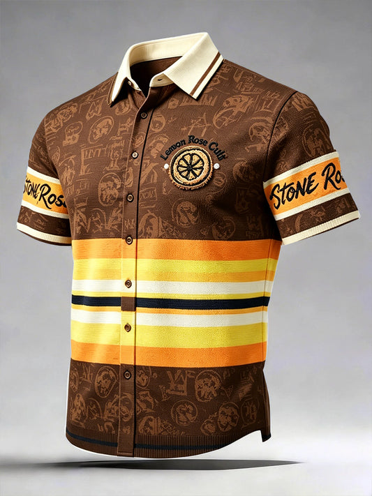 Men's The Stone Rose Graffiti Vintage Stripe Print Casual Short-Sleeved Shirt