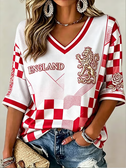 Women's UK Football Lover England Printed Mid-length Sleeves V-Neck T-Shirt