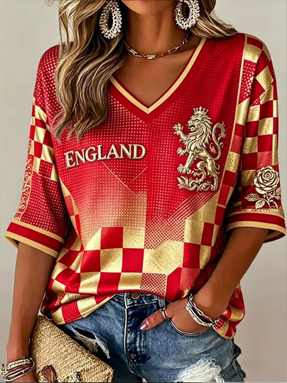 Women's UK Football Lover England Printed Mid-length Sleeves V-Neck T-Shirt