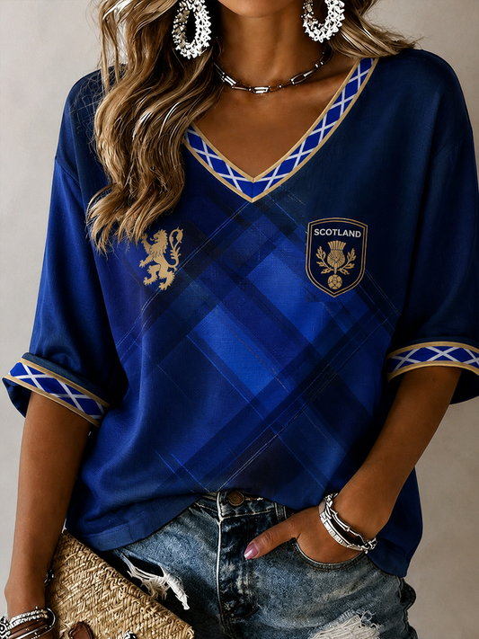 Women's Scotland Printed Mid-length Sleeves V-Neck T-Shirt