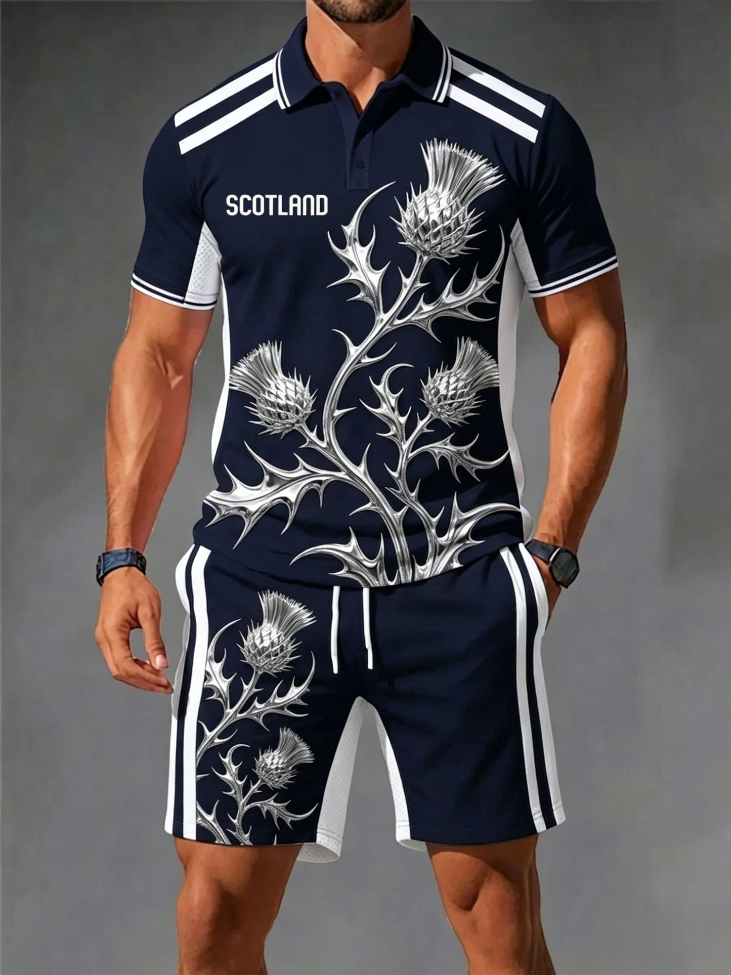 Men's Retro UK Scotland Football Lover 2026 Print Casual Polo & Shorts Set