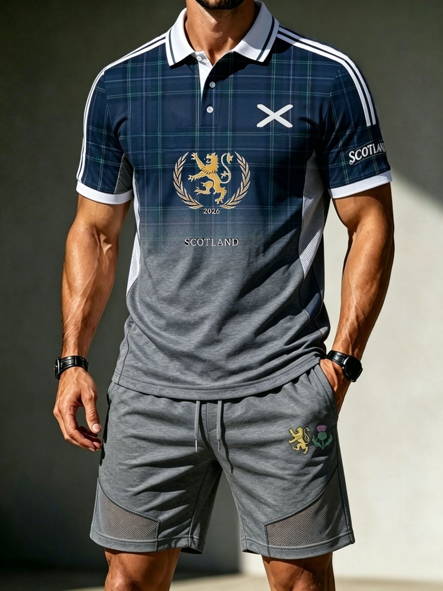 Men's Retro UK Scotland Football Lover 2026 Print Casual Polo & Shorts Set