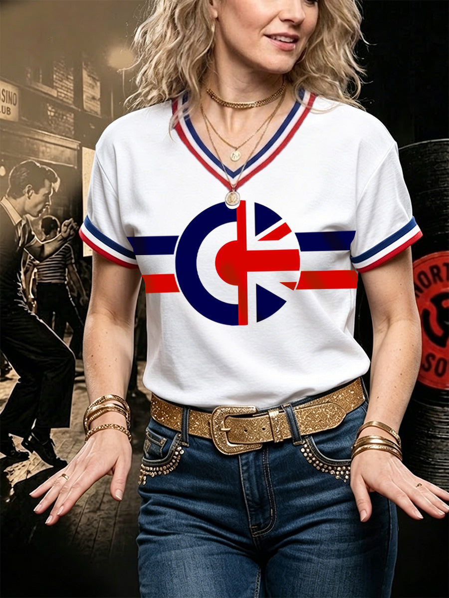 Women's Retro Northern Soul Print Casual V-Neck Tee