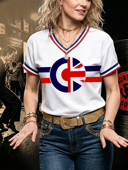 Women's Retro Northern Soul Print Casual V-Neck Tee