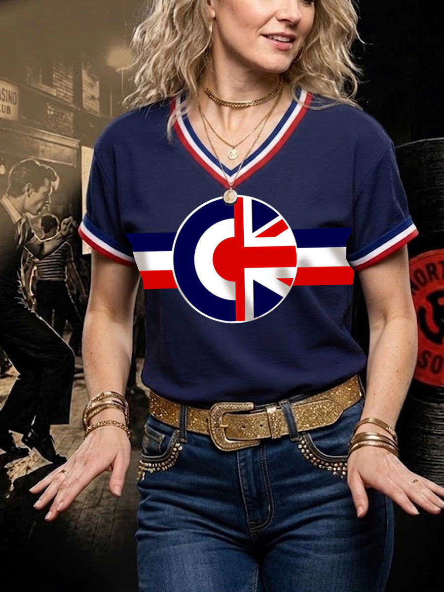 Women's Retro Northern Soul Print Casual V-Neck Tee