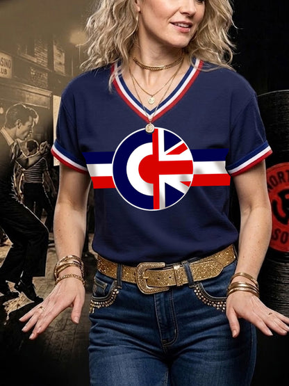 Women's Retro Northern Soul Print Casual V-Neck Tee
