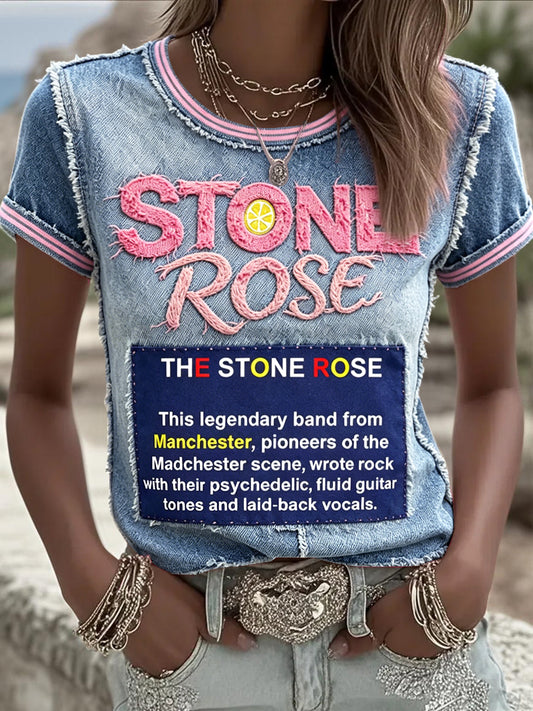 Women’s The Stone Rose Band Denim-Effect Patchwork Print Casual T-Shirt