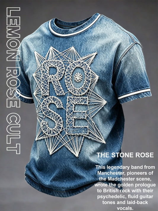 Men's The Stone Rose Band Denim-Effect 3D Print Casual T-Shirt