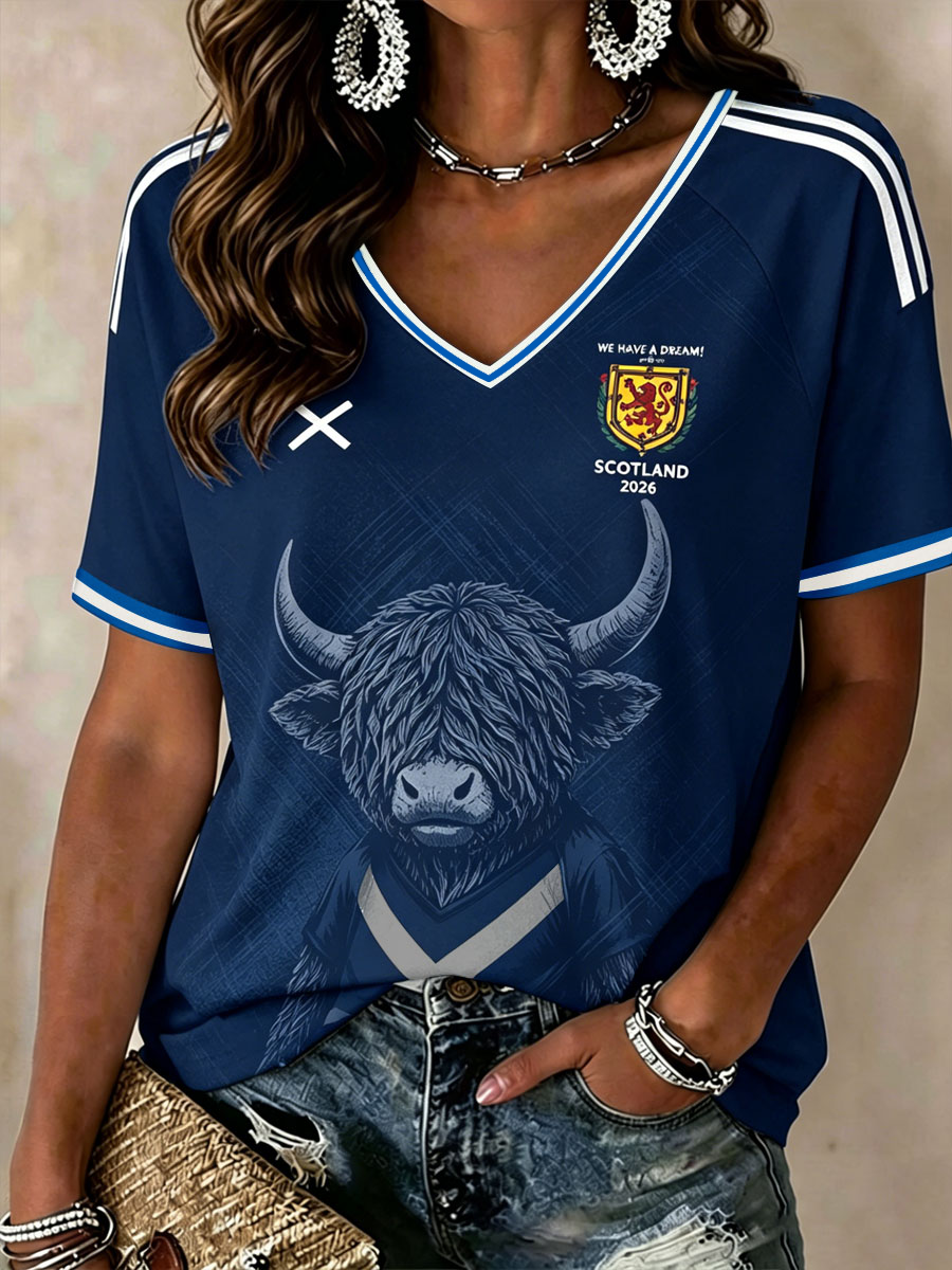 Women's Scotland Printed V-neck off-shoulder short-sleeved T-shirt