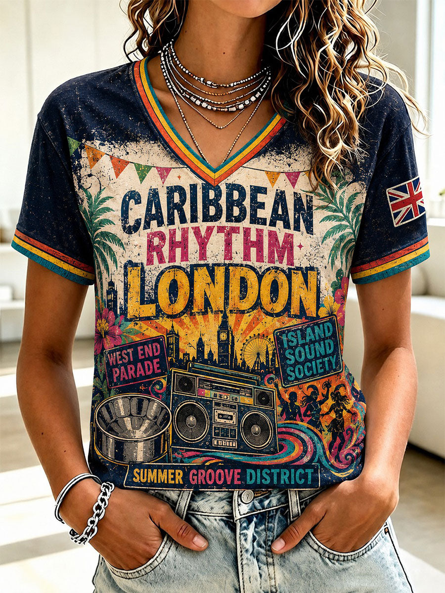 Women's Caribbean London Festival Notting Hill Carnival Printed V-neck T-shirt