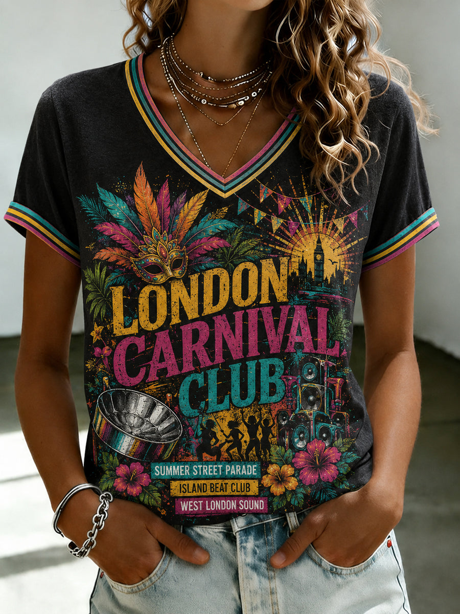 Women's Caribbean London Festival Notting Hill Carnival Printed V-neck T-shirt