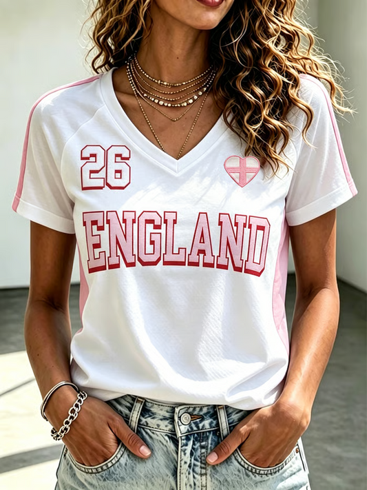 Women's UK Football Lover England Printed V-neck off-shoulder short-sleeved T-shirt