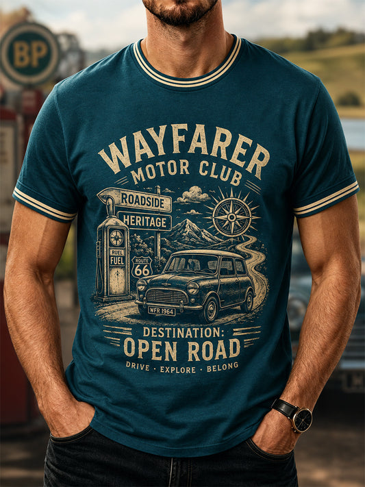 Men's Retro Car Culture Print Casual Tee