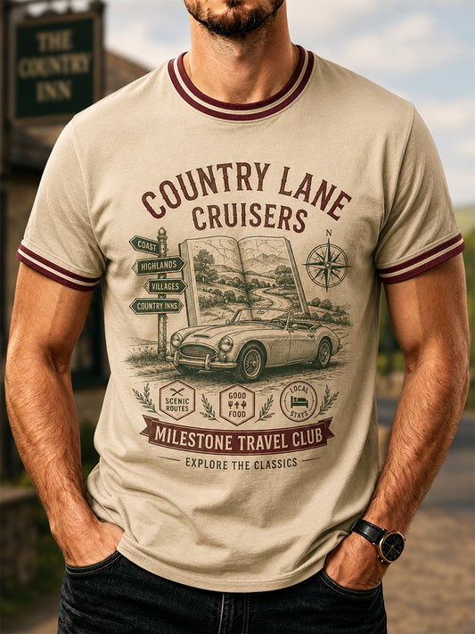 Men's Retro Car Culture Print Casual Tee