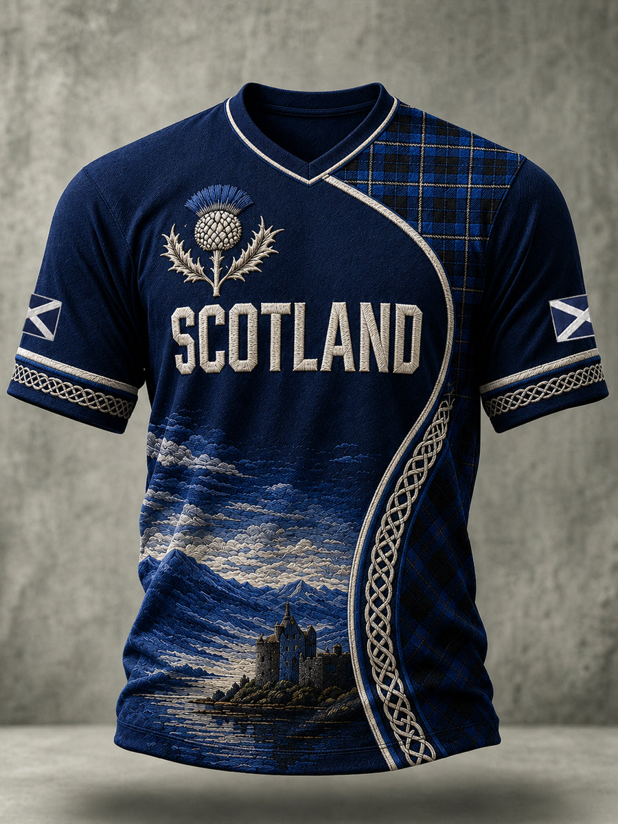 Men's Scotland Art Printed V-neck Short Sleeve T-shirt