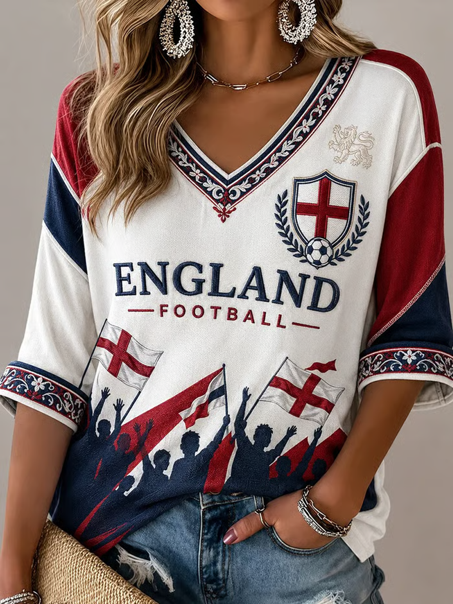 Women's UK Football Lover England Printed Mid-length Sleeves V-Neck T-Shirt