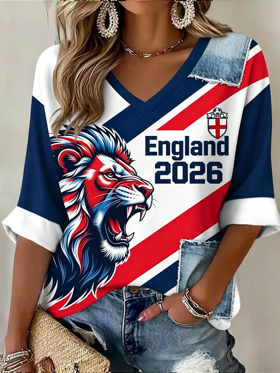 Women's UK Football Lover England Printed Mid-length Sleeves V-Neck T-Shirt