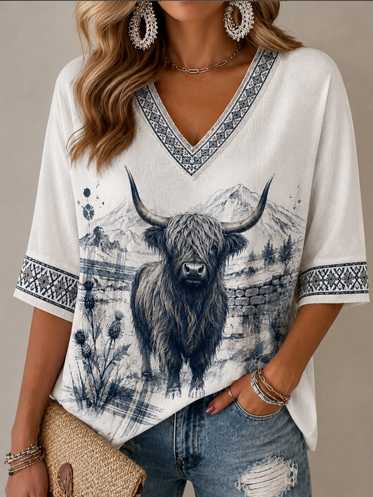 Women's Scottish Highland cow print Mid-length Sleeves V-Neck T-Shirt