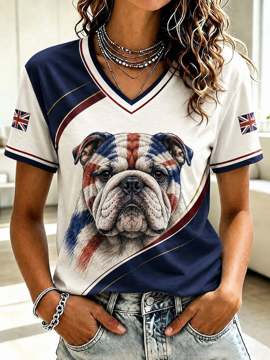 Women's British Bulldog Printed V-neck T-shirt